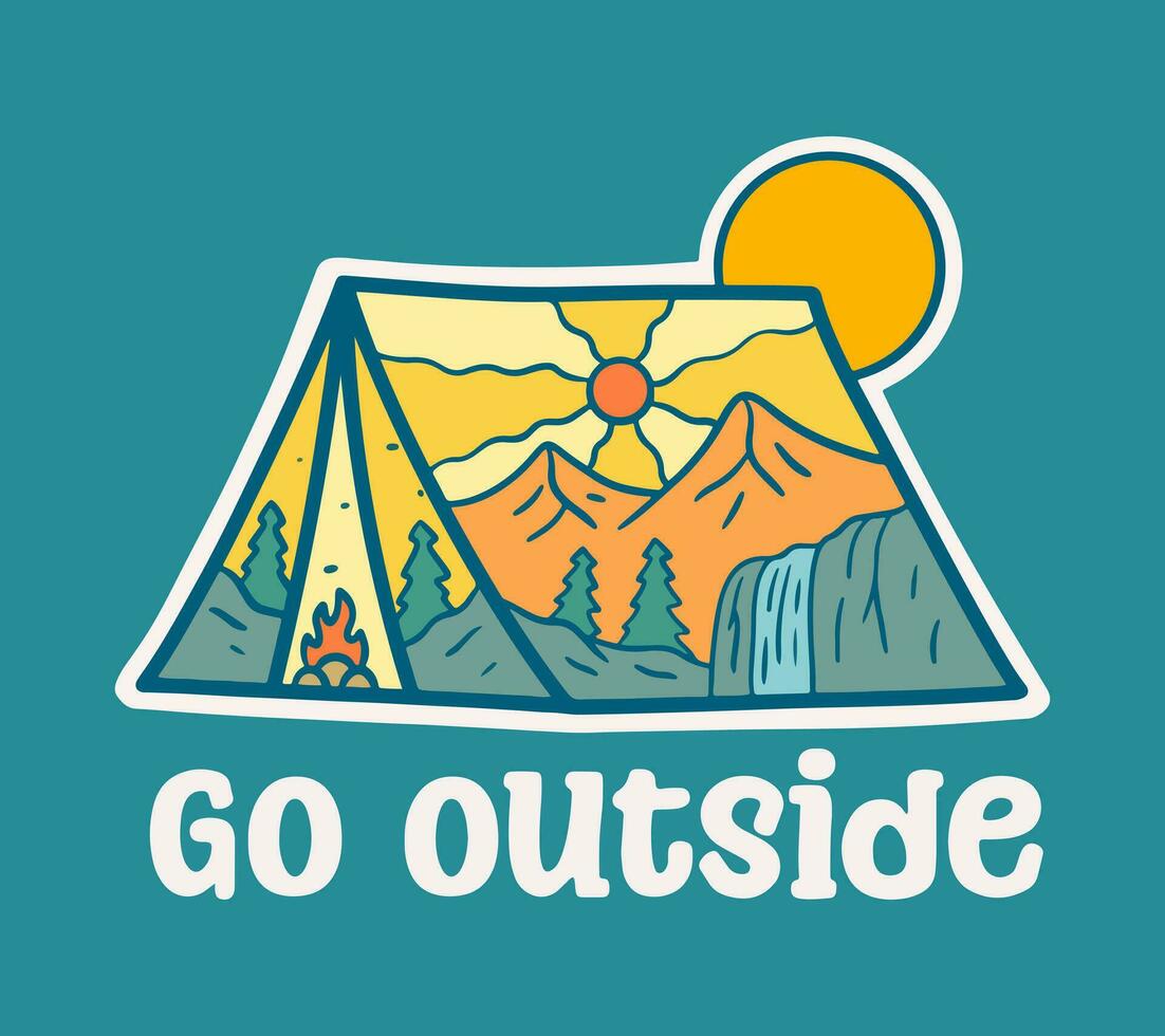 Gaan buiten natuur camping in tent vorm illustratie ontwerp voor insigne, sticker, lapje, t overhemd ontwerp, enz vector