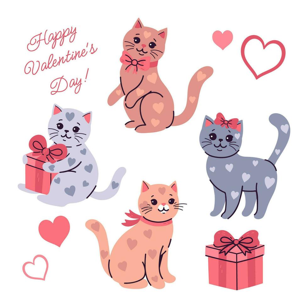 reeks van schattig Valentijnsdag dag katten met hartvormig vlekken. vector grafiek.