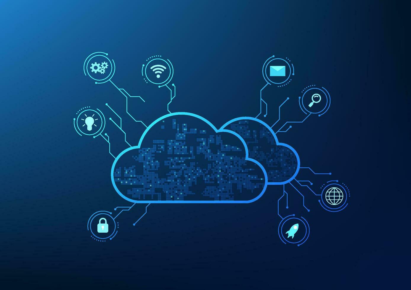 wolk technologie wolk opslagruimte compilatie van cyber via internet signaal overlappende wolken verbonden naar netwerk pictogrammen vector