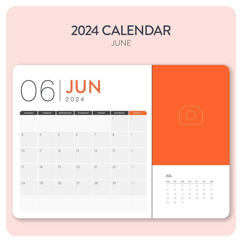 creatief minimaal bedrijf maandelijks 2024 kalender sjabloon vector. bureau, muur kalender voor afdrukken, digitaal kalender of planner. week begin Aan maandag. jaar- kalender lay-out ontwerp elementen. juni. vector