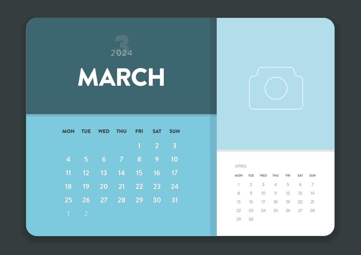 creatief minimaal bedrijf maandelijks 2024 kalender sjabloon vector. bureau, muur kalender voor afdrukken, digitaal kalender of planner. week begin Aan maandag. jaar- kalender lay-out ontwerp elementen. 3 maart. vector