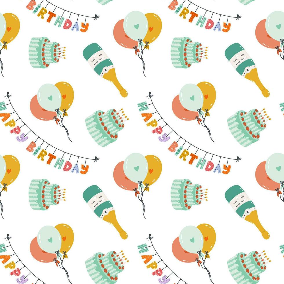 naadloos patroon met verjaardag guirlande, taart, ballon, Champagne in schattig tekening stijl. kinderachtig ontwerp met vakantie clip art voor omhulsel papier, afdrukken, kleding stof, plakboek. helder feestelijk achtergrond. vector