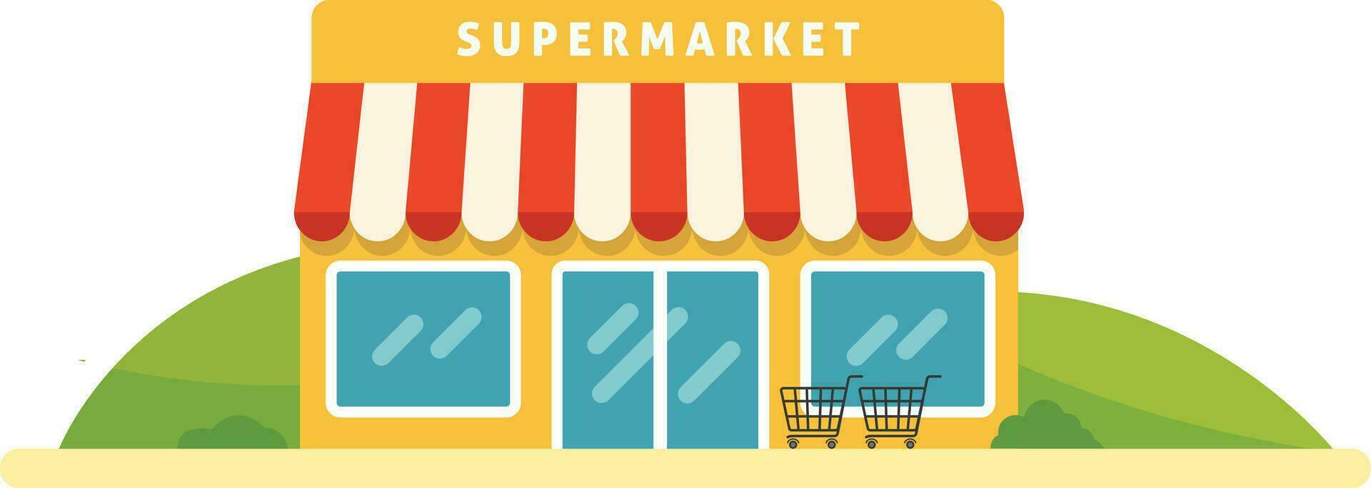 supermarkt vector illustratie in vlak stijl.winkelen kar trolley staand winkel.winkel met natuur tafereel