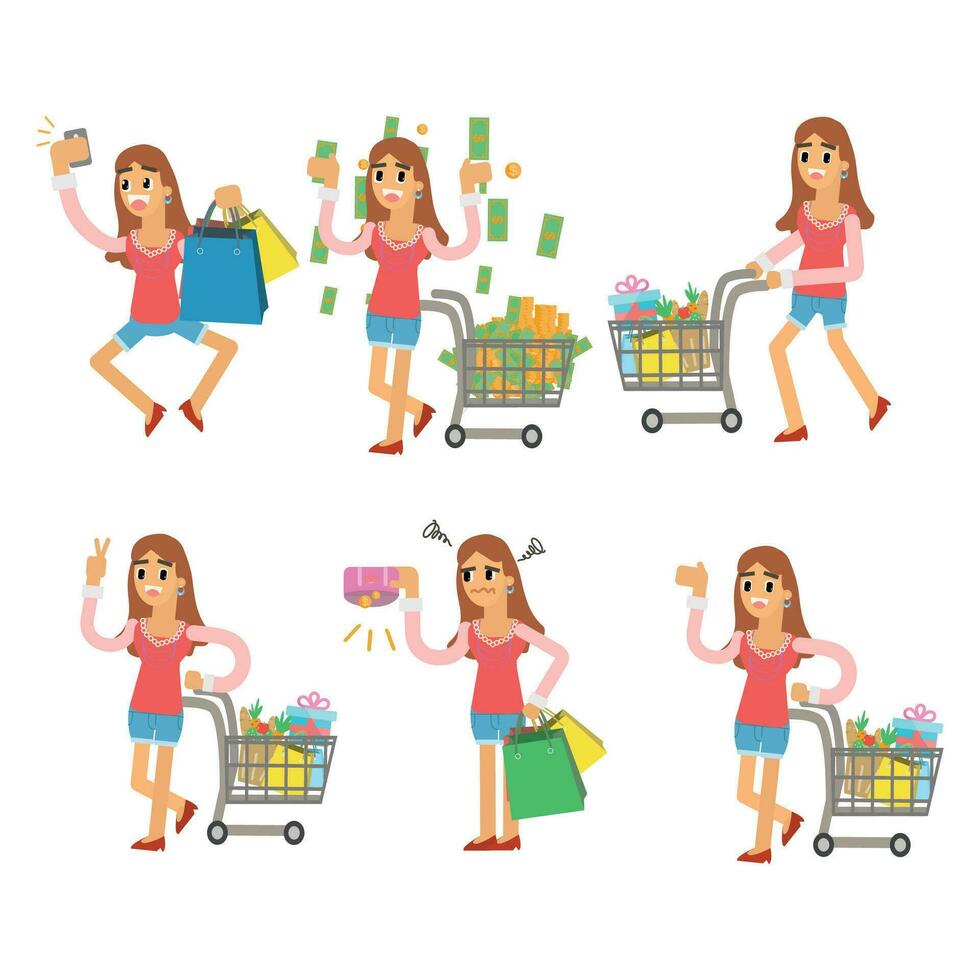 tekenfilm vector illustratie van gelukkig vrouw boodschappen doen in supermarkt. boodschappen doen concept.