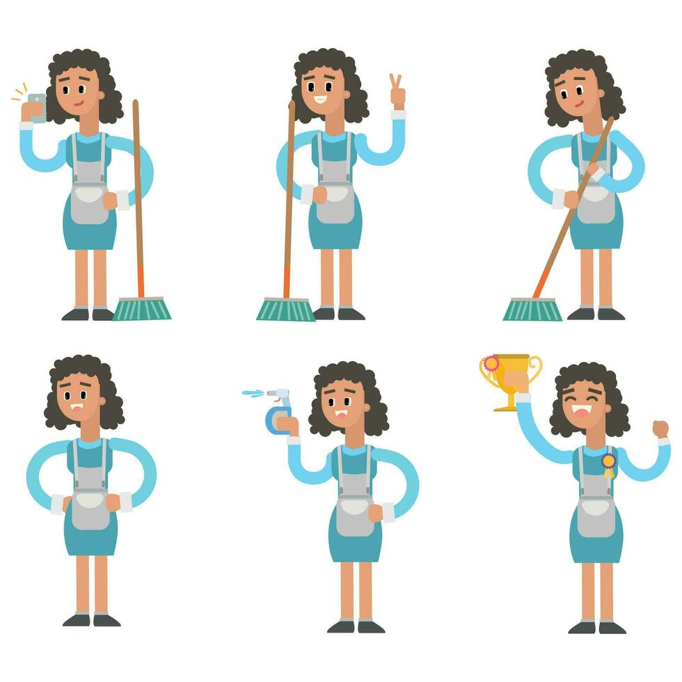 schoonmaak dame karakter set. huishoudster, schoner, dienstmeisje. vector illustratie