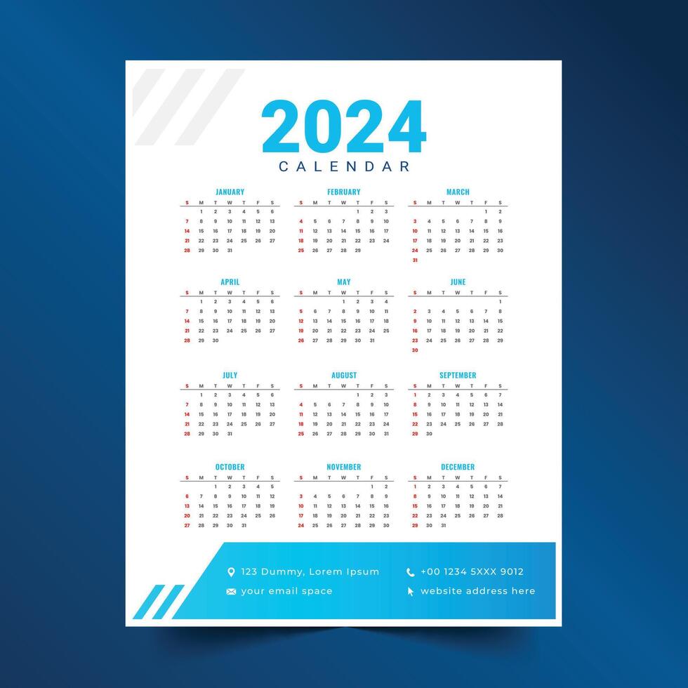 wit en blauw 2024 jaar- schema kalender lay-out een afdrukbare ontwerp vector