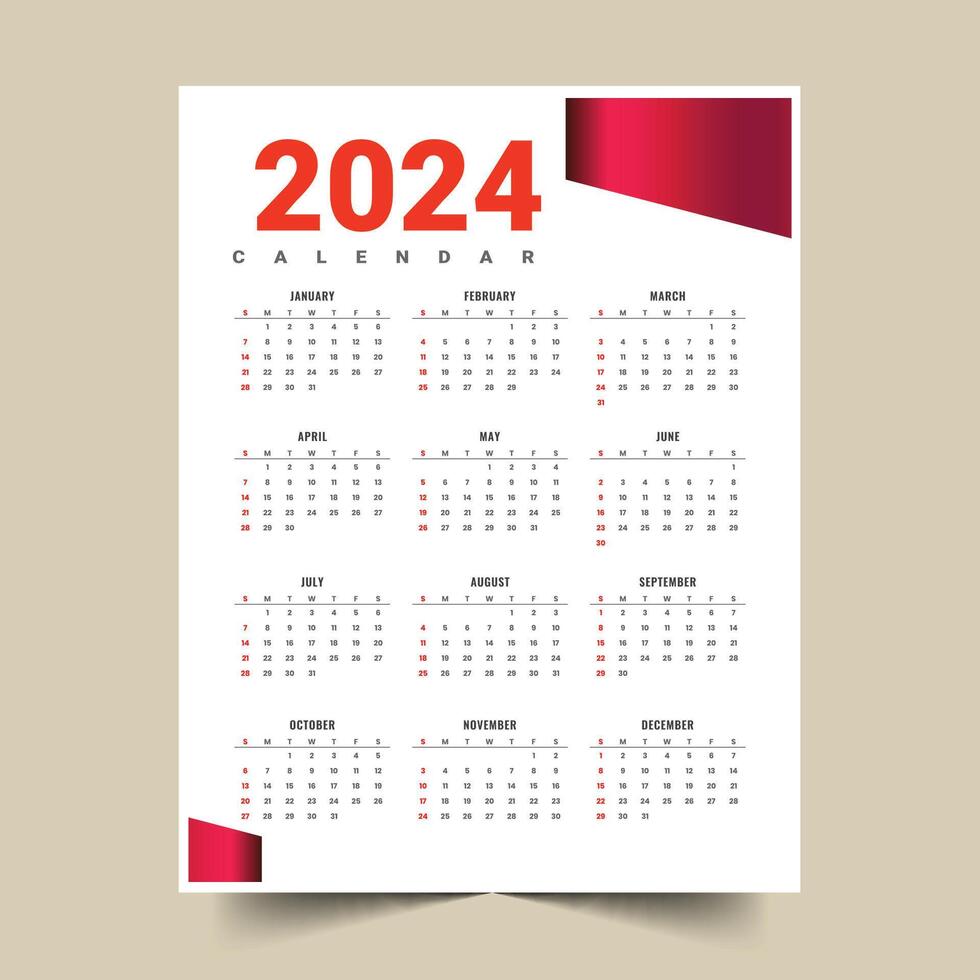 wit en rood 2024 nieuw jaar jaar- kalender lay-out ontwerp vector