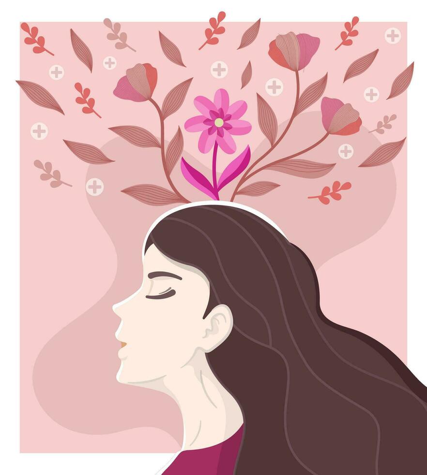 mentaal Gezondheid illustratie met een gelukkig meisje en bloemen bovenstaand haar hoofd vector