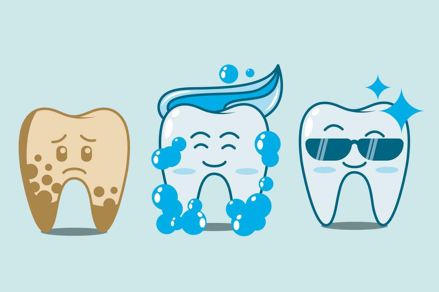de karakter van een ziek tand met plaque krijgt behandeling, wordt schoon, gezond, glimmend en looks koel. tandheelkundig plaque verwijdering procedure stappen. vlak vector illustratie
