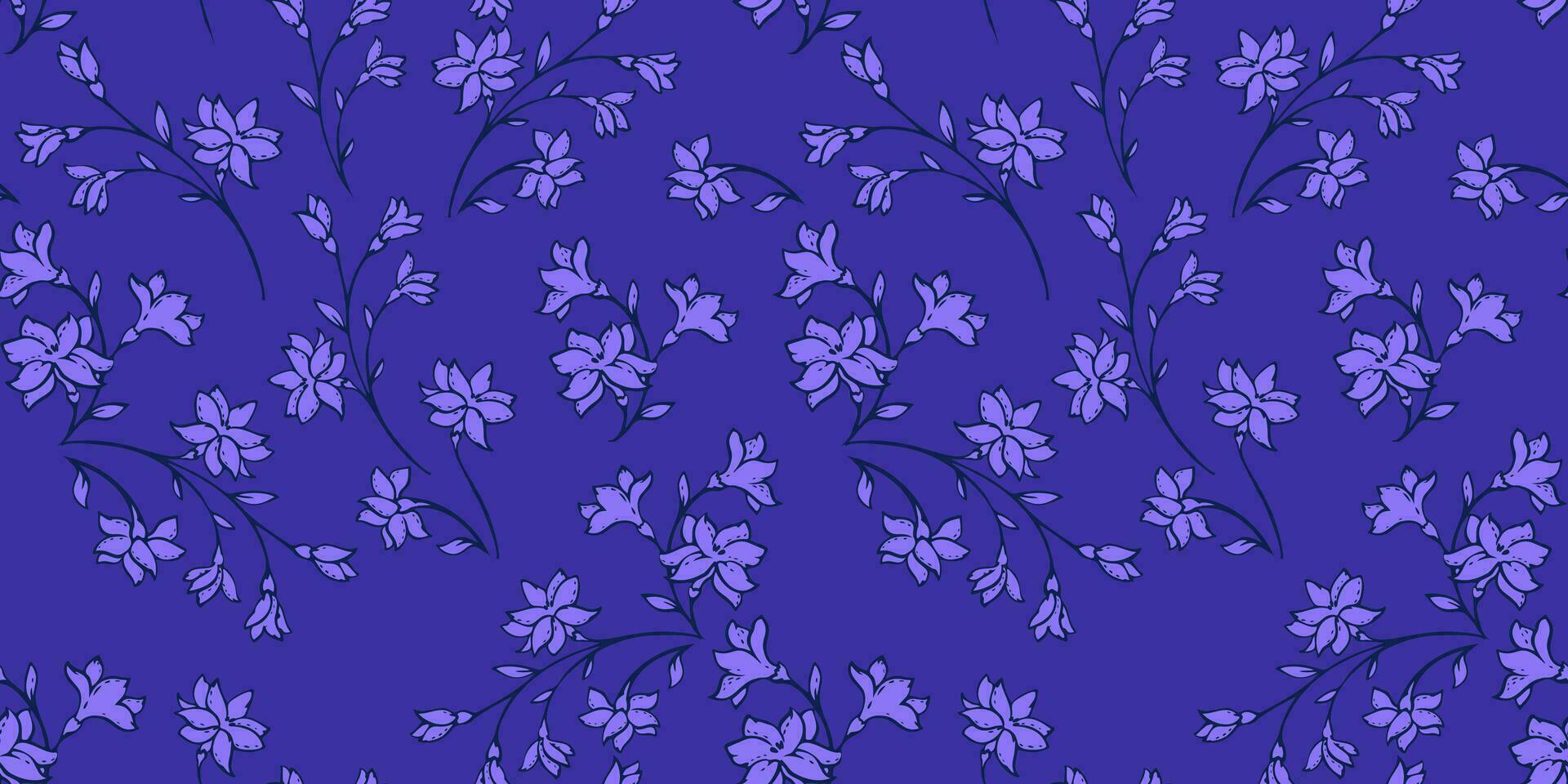 naadloos teder klein takken ditsy bloemen patroon. monotoon helder blauw wild bloemen achtergrond. vector hand- getrokken schetsen tekening. sjabloon voor ontwerp