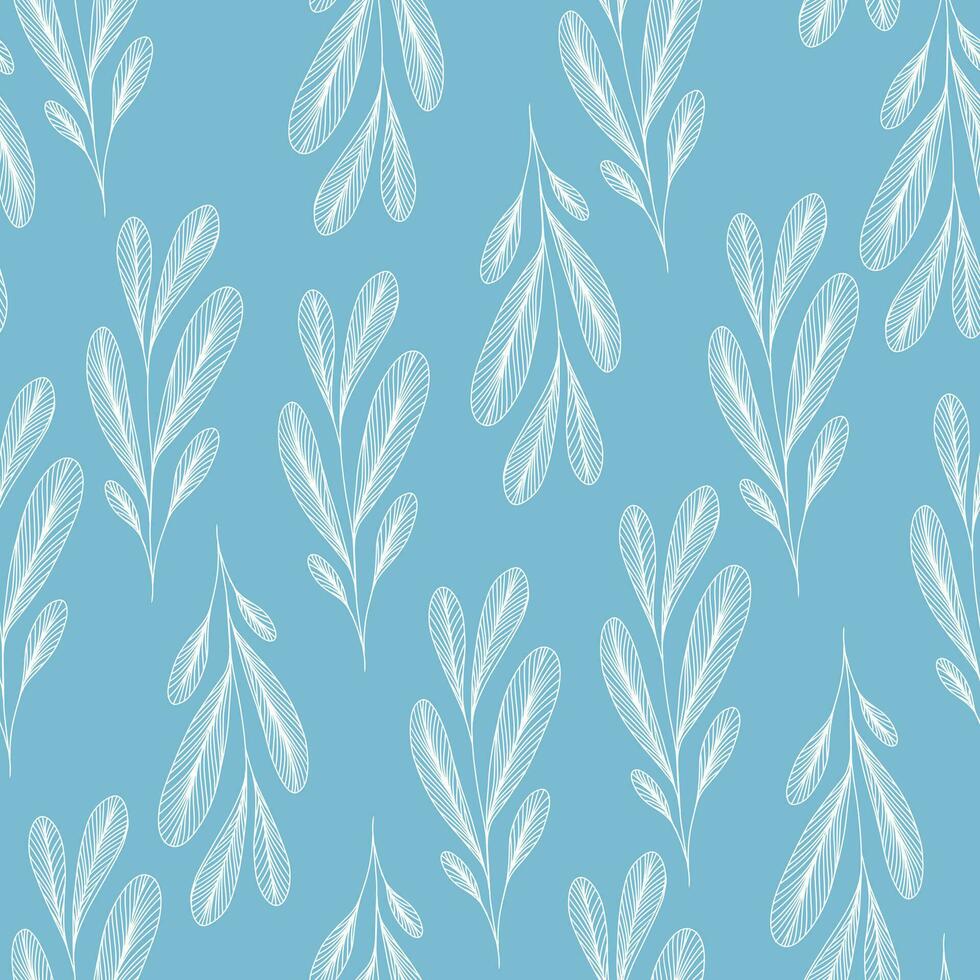 naadloos lineair botanisch patroon met blad. lijn kunst. takken met geaderd bladeren Aan blauw achtergrond. wijnoogst structuur met planten vector