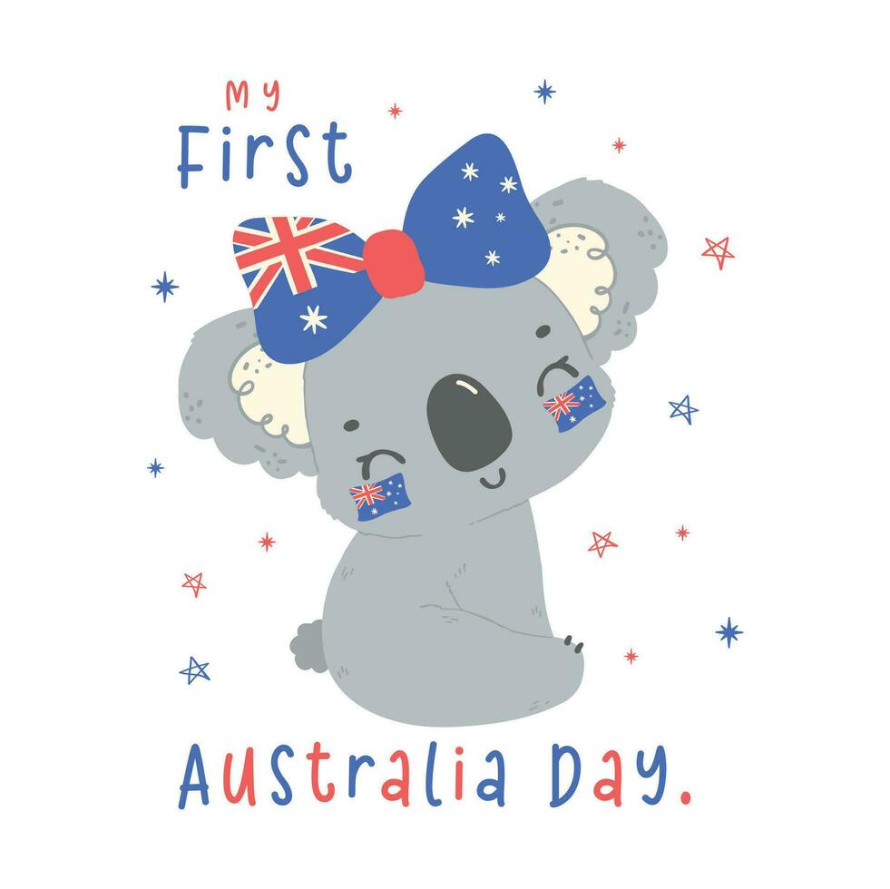 eerste Australië dag baby koala met vlag in aanbiddelijk houding dier vieren Australisch natie dag tekenfilm hand- tekening. vector