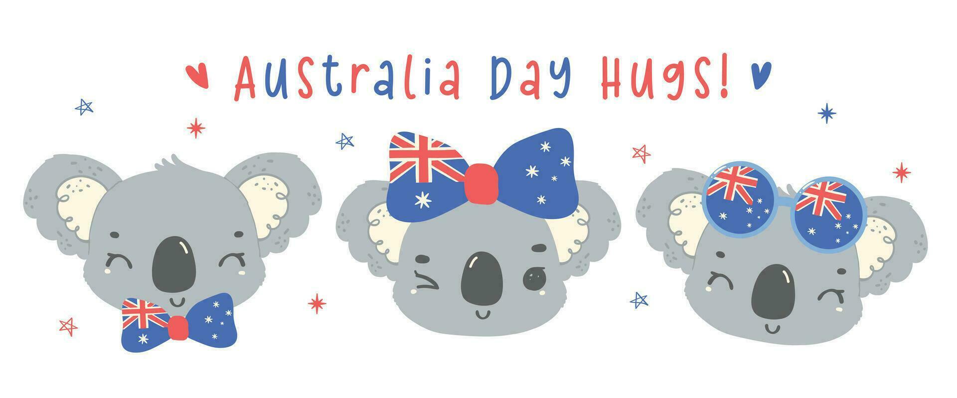 gelukkig Australië dag koala bears met vlag, groep van aanbiddelijk baby dier vieren Australisch natie dag tekenfilm hand- tekening banier vector
