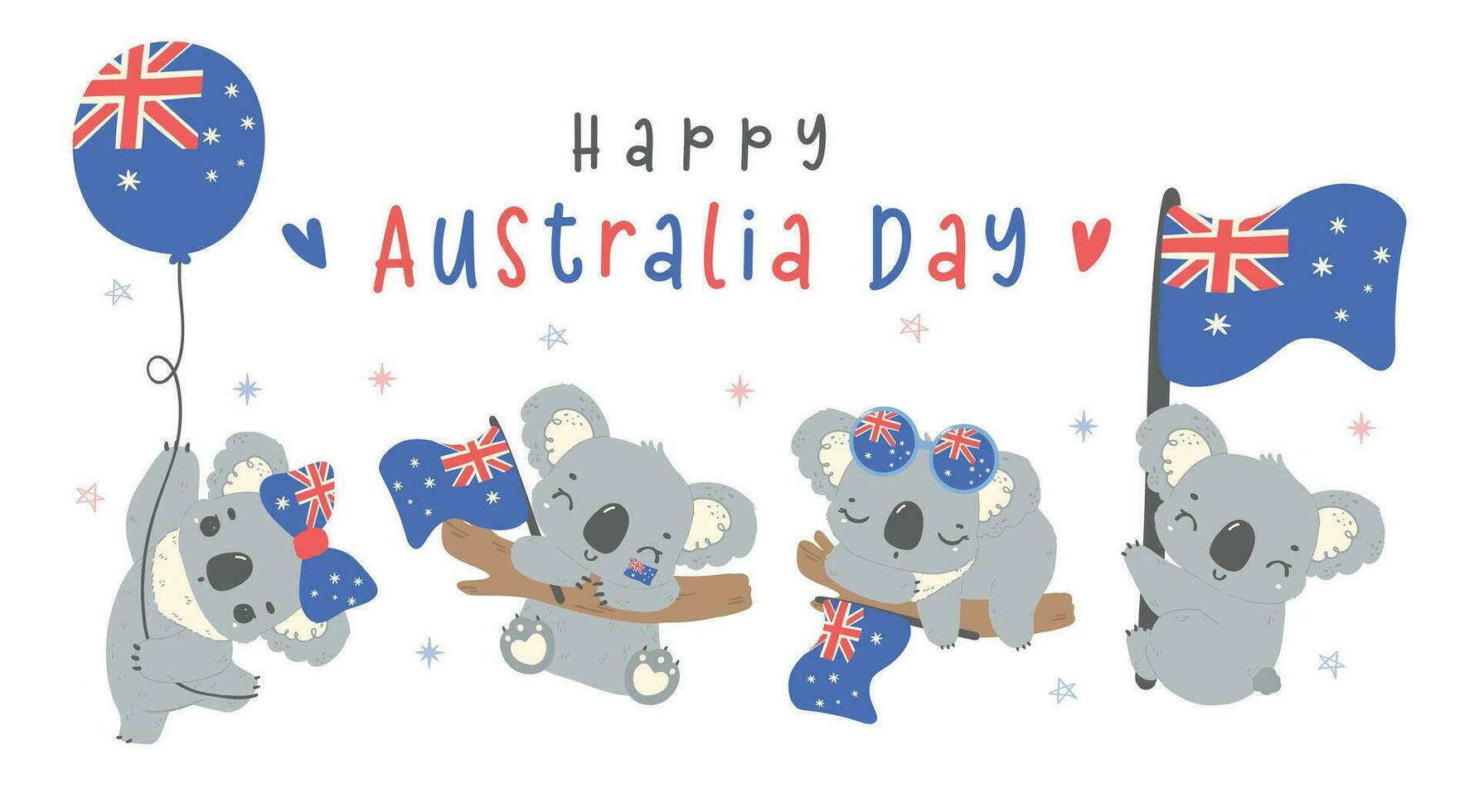 gelukkig Australië dag koala bears met vlag, groep van aanbiddelijk baby dier vieren Australisch natie dag tekenfilm hand- tekening banier vector