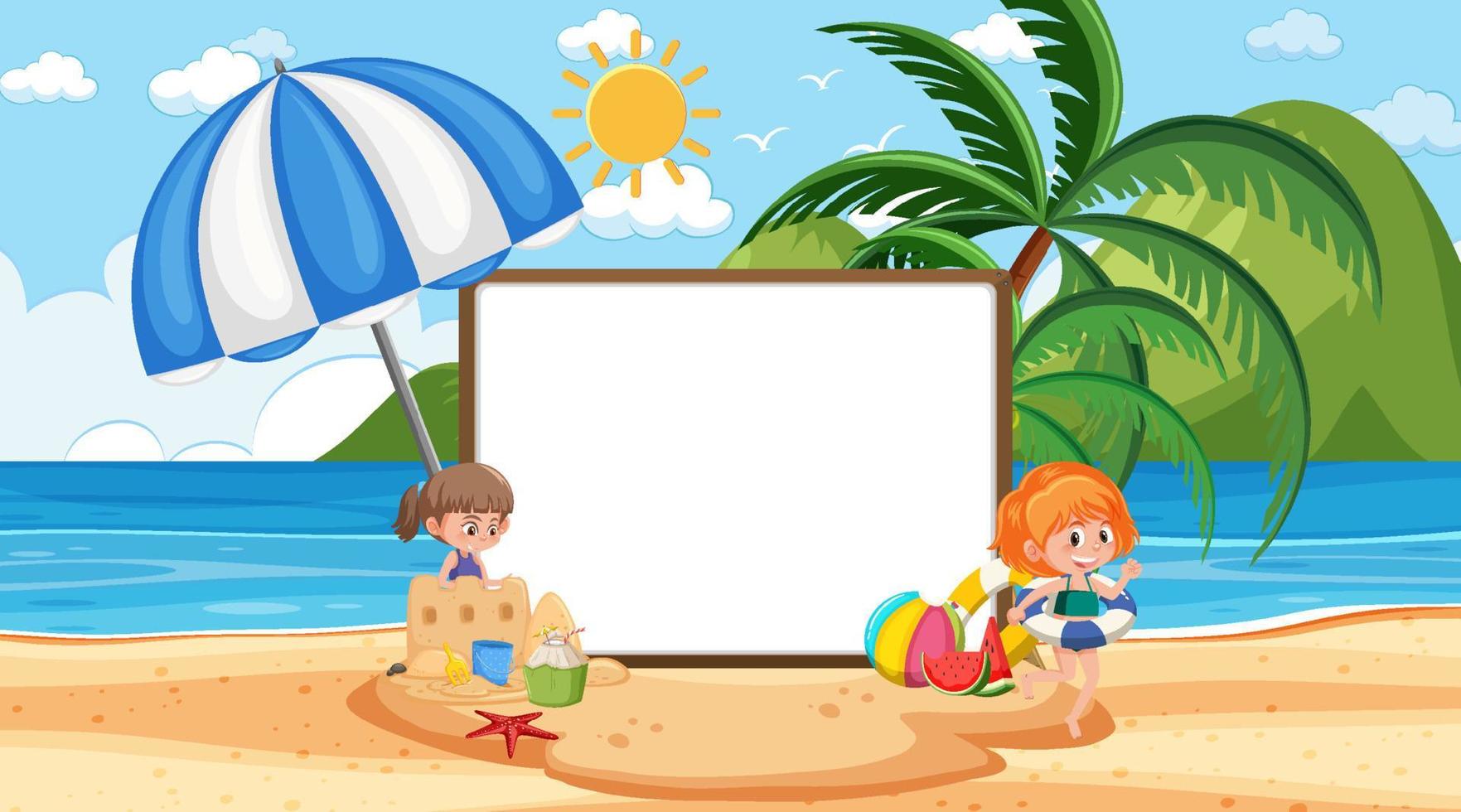 kinderen op vakantie op het strand overdag met een lege bannersjabloon vector