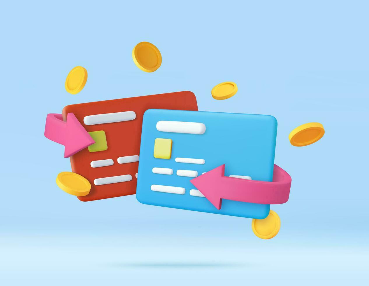 3d contant geld terug credit kaart met pijl icoon en munten vector