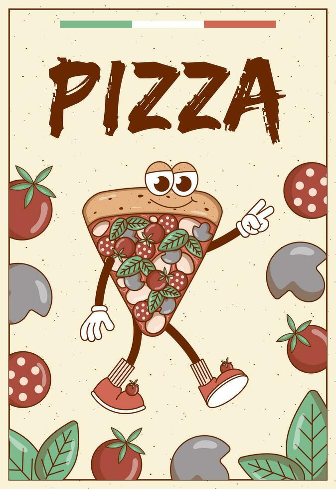 retro groovy tekenfilm karakter snel voedsel pizza. poster met wijnoogst mascotte psychedelisch glimlach, emotie. funky vector illustratie