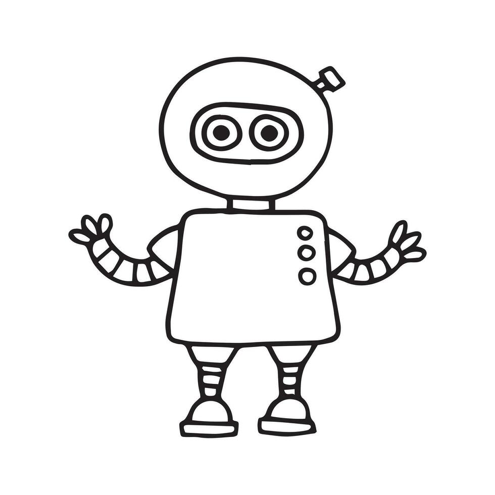 vector tekening in tekening stijl, schattig robot. grappig karakter voor kinderen, zwart en wit lijn tekening.