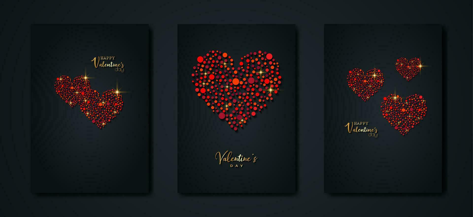 gelukkig valentijnsdag dag vector reeks groet kaart. rood schitteren harten Aan zwart achtergrond. vakantie poster met goud tekst, juwelen. concept voor valentijnsdag banier, folder, partij uitnodiging, sieraden geschenk winkel