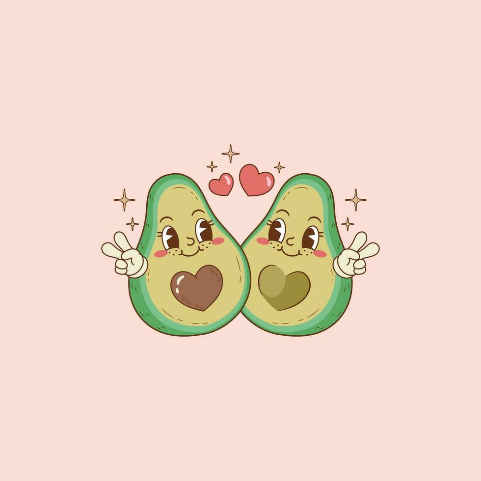 retro illustratie van twee avocado's in liefde, avocado's net zo een paar vector