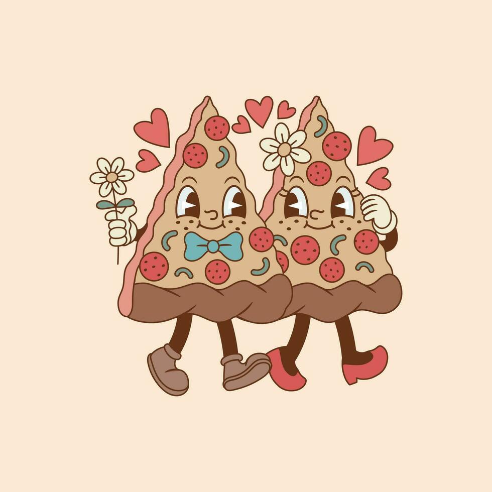 schattig illustratie van pizza paar in liefde, twee pizza driehoeken vector