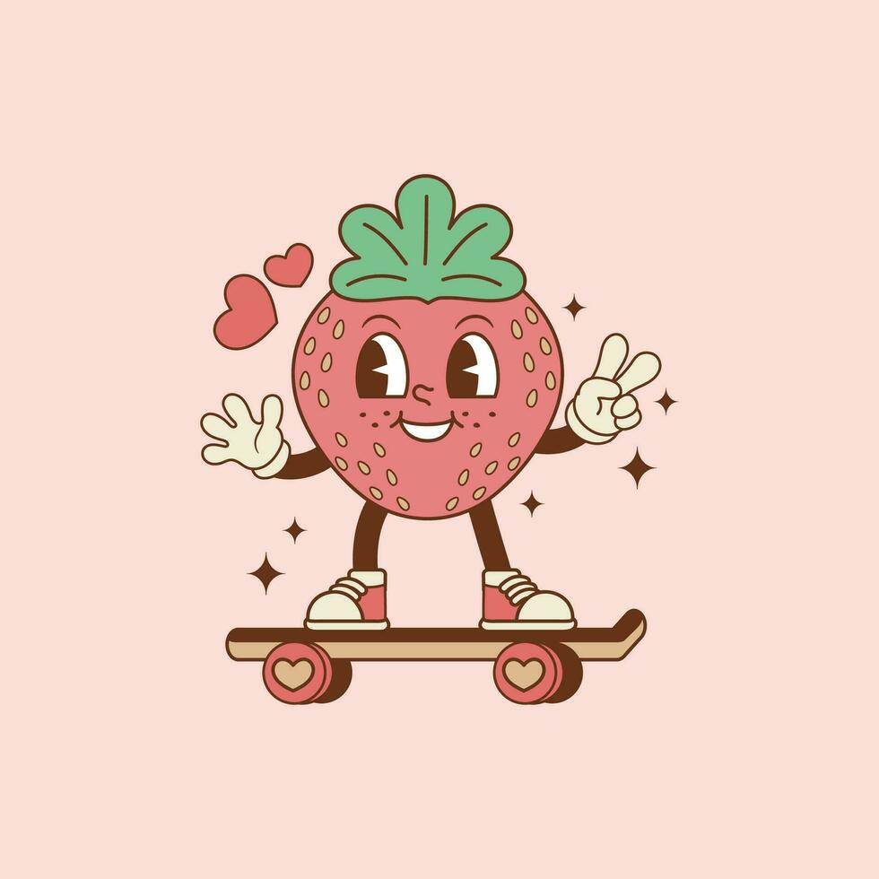 retro illustratie van aardbei Aan een skateboard vector