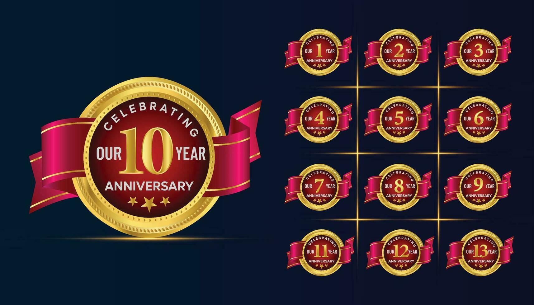verjaardag viering gouden luxe aantal embleem logo symbool vector grafisch insigne sjabloon set.