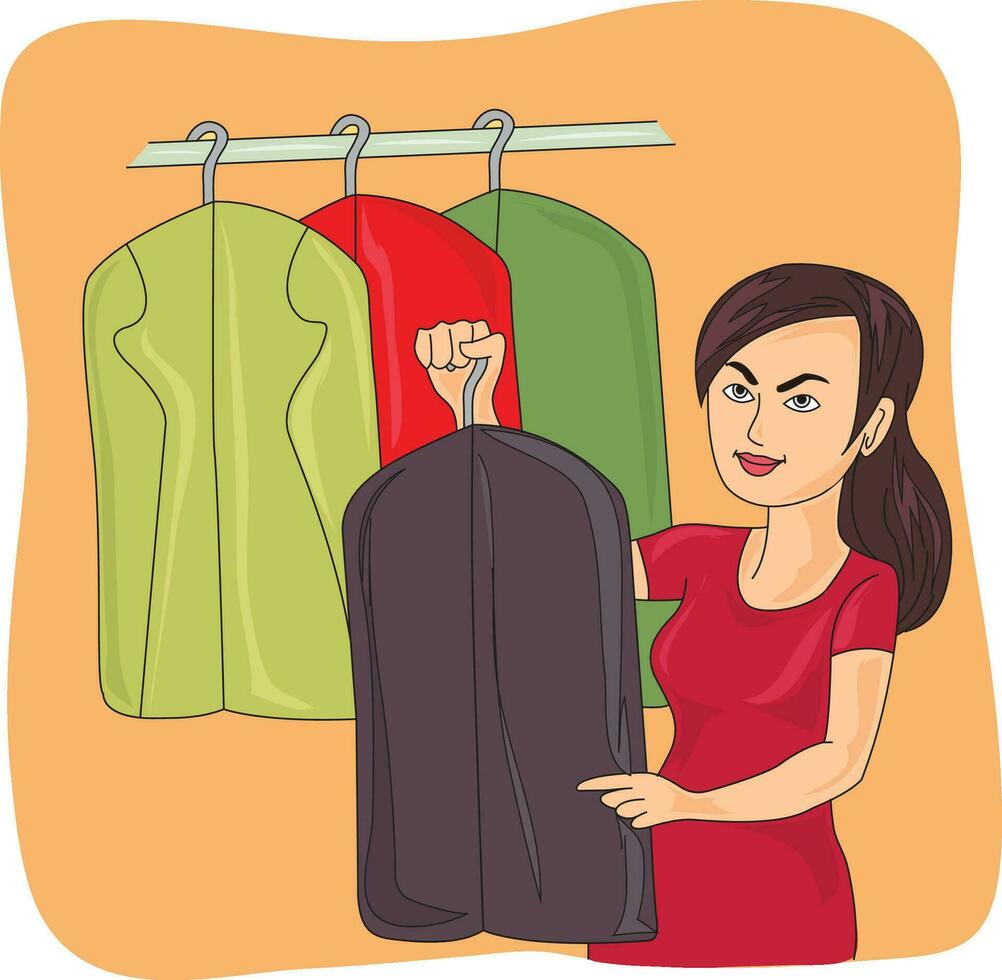 vrouw kiezen kleren van de garderobe vector