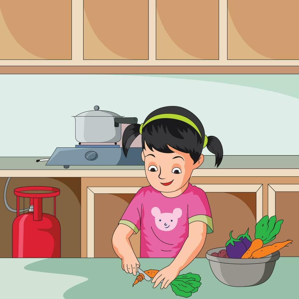 schattig meisje snijdend groenten vector illustratie