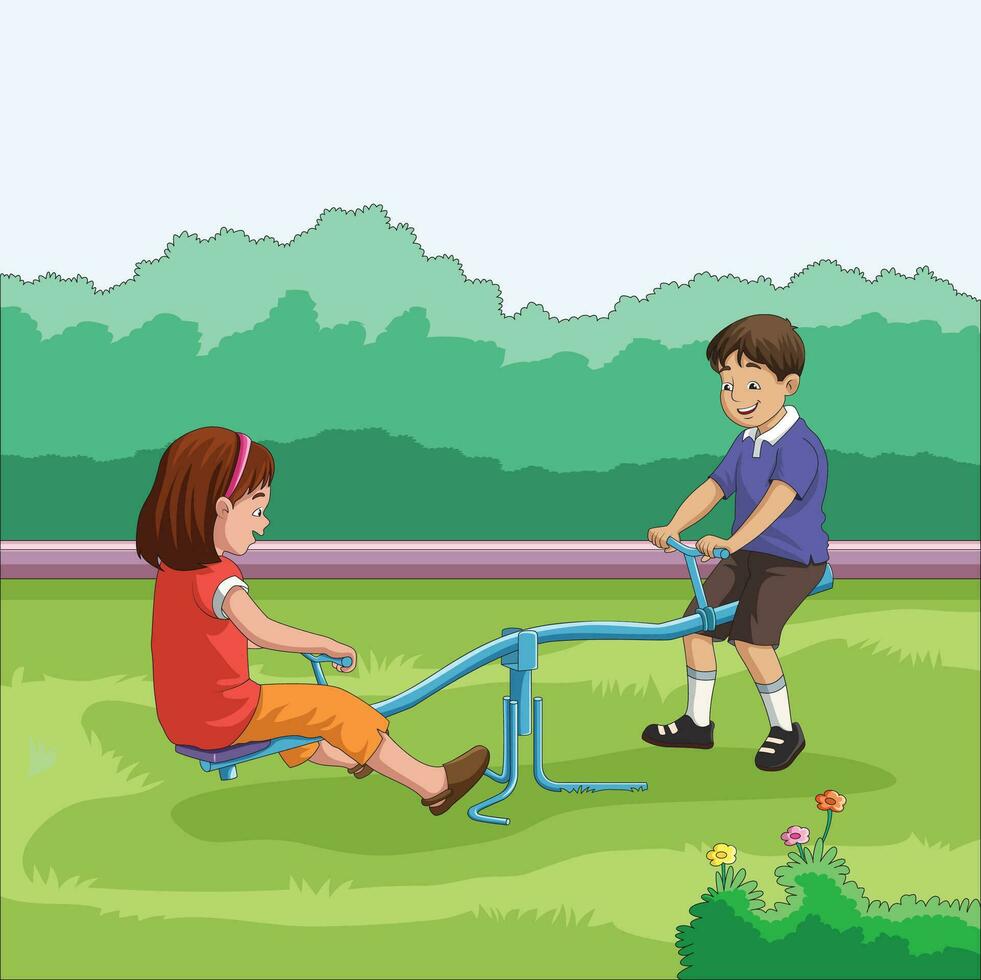 jongen en meisje spelen wip in de tuin vector illustratie