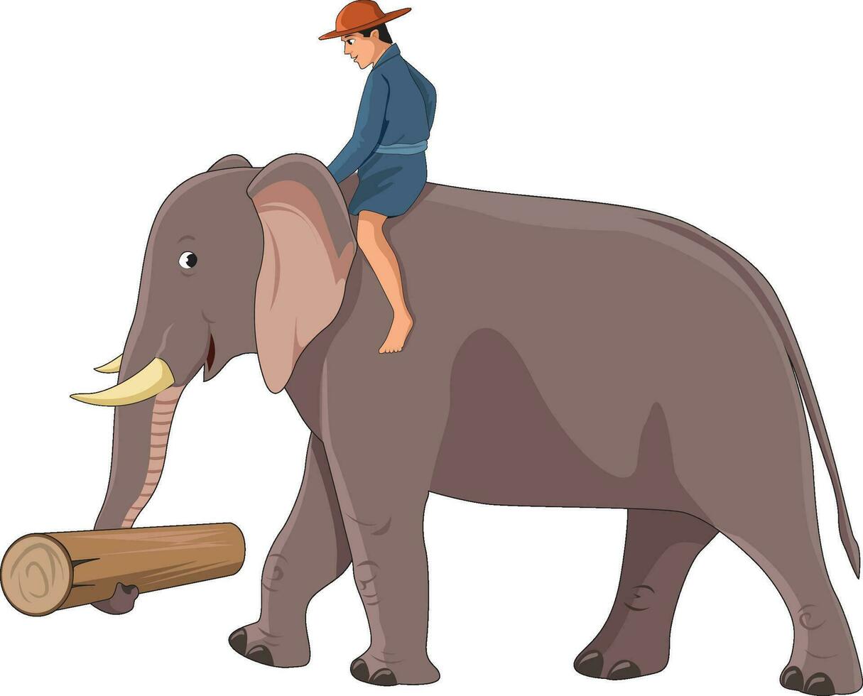 olifant draag- Mens en hout log vector illustratie