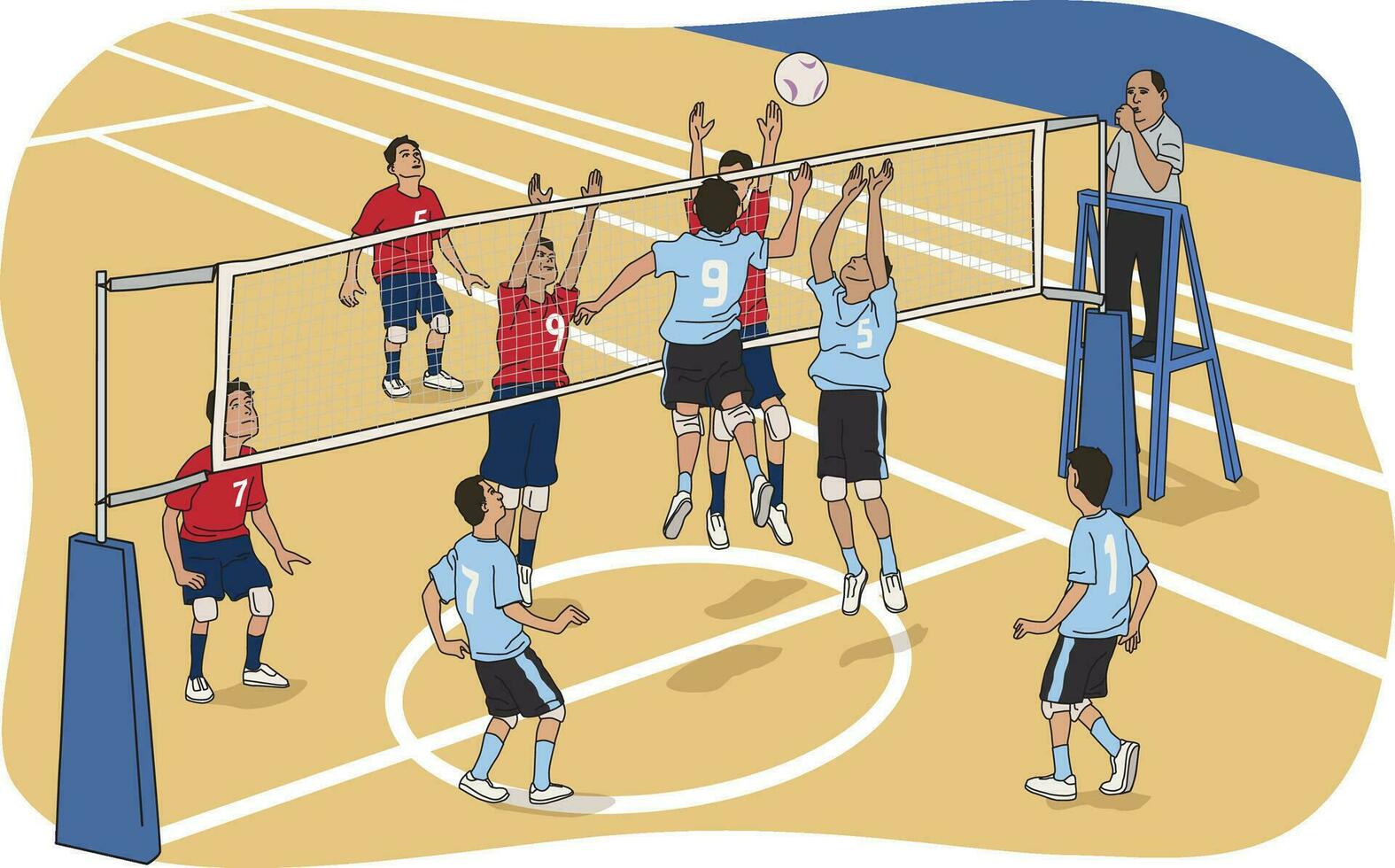 een volleybal team spelen bij elkaar passen met een veel van spelers vector