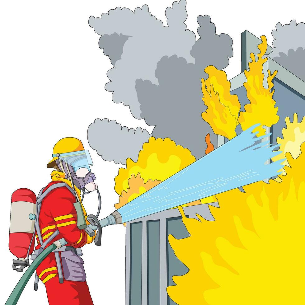 een brandweerman blussen brand gebruik makend van water pijp vector