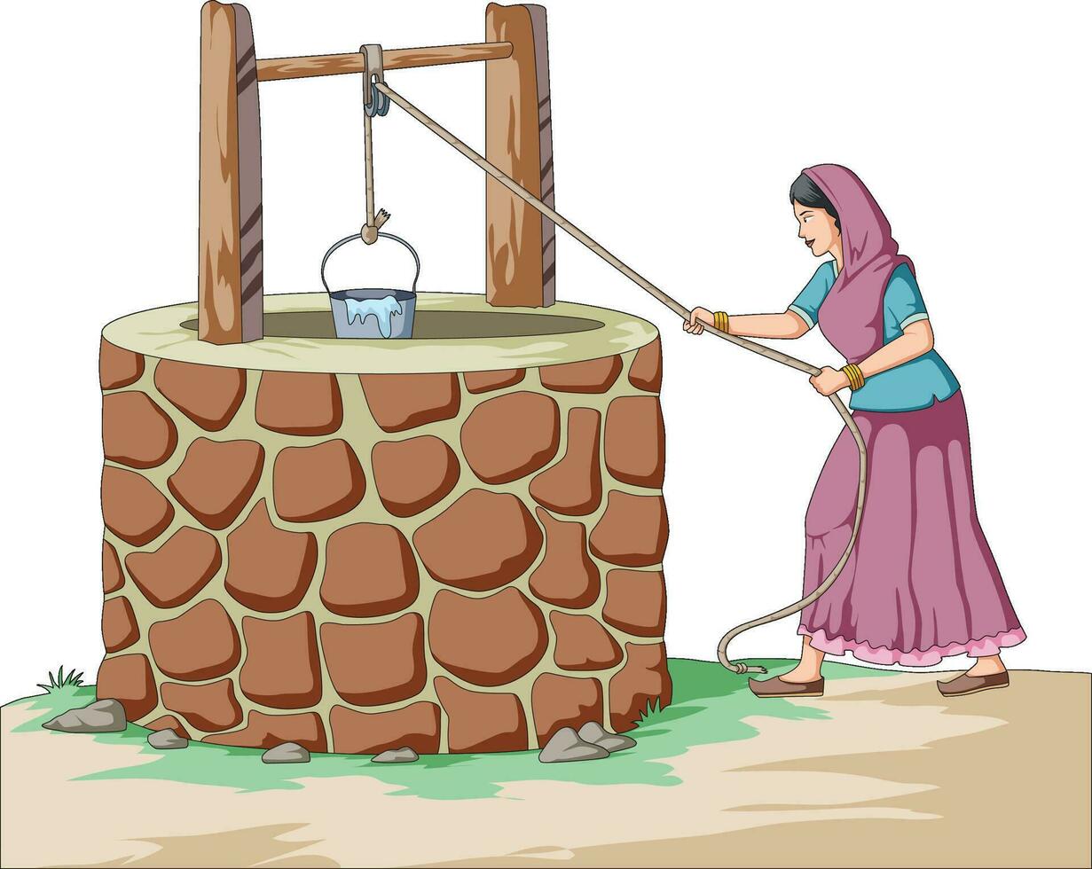 dorp vrouw trekken uit water in een emmer van goed vector
