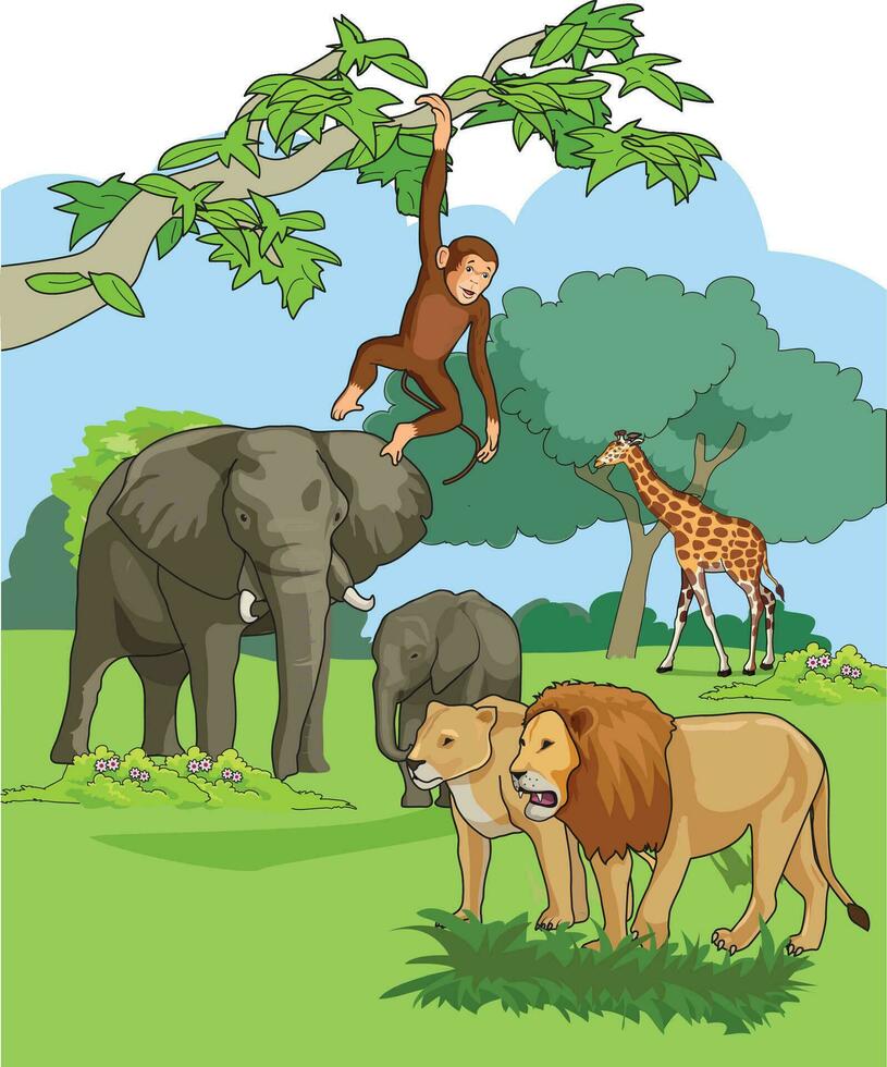 wild dieren zo net zo olifant, aap, ziraffe en leeuw vector