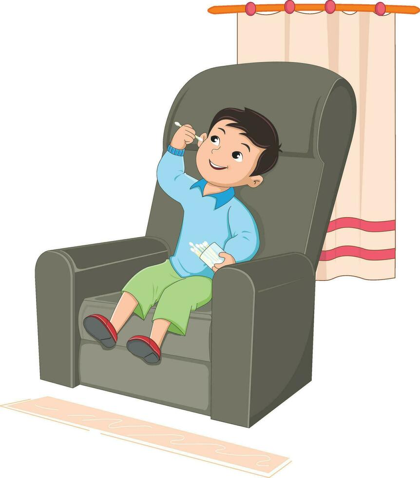 ondeugend jongen zittend Aan de sofa en zetten potlood in zijn oren vector illustratie