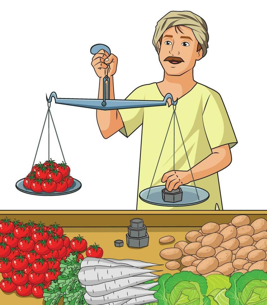 een groenteboer meten tomaten gebruik makend van een meten schaal met verschillend groenten geplaatst Aan de teller vector