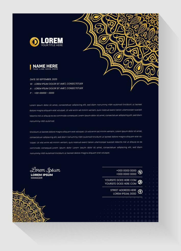 zakelijke modern creatief en schoon bedrijf stijl luxe goud en zwart kleur briefhoofd. luxe sier- gouden arabesk patroon Arabisch Islamitisch oosten- mandala stijl brief hoofd ontwerp sjabloon. vector