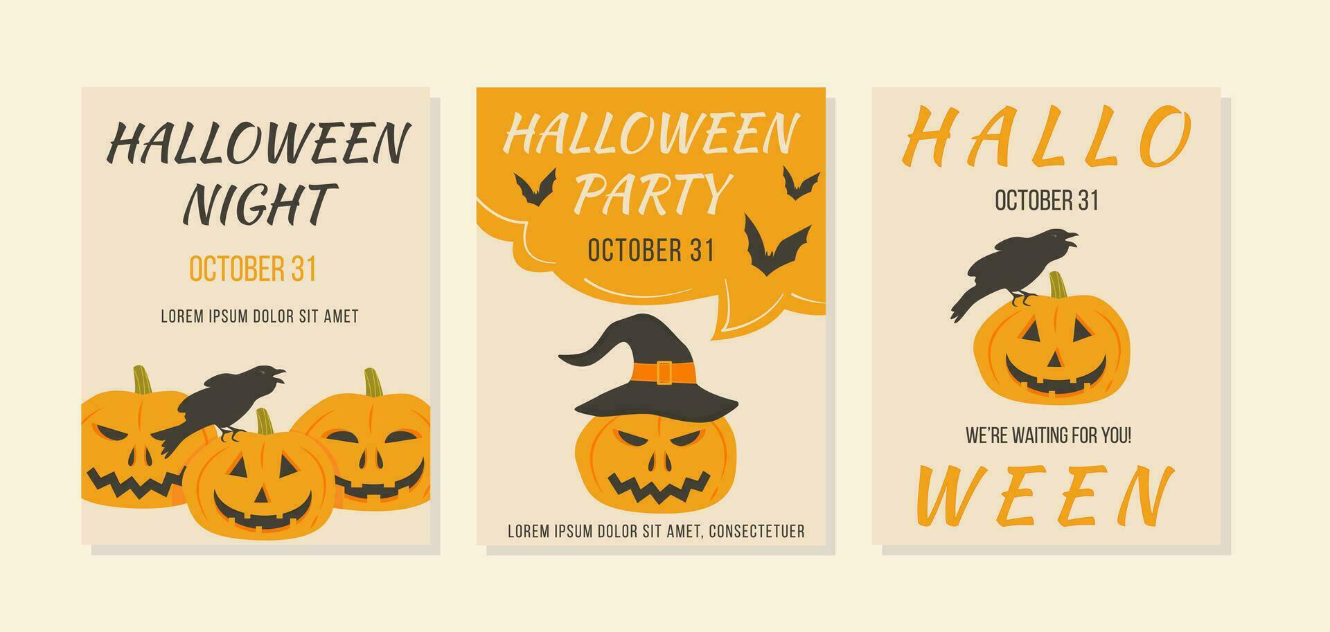 webposter van halloween partij met eng pompoenen en zittend roeien vector illustratie. aanplakbiljet of uitnodiging van allemaal heiligen dag met kraai en oranje verschrikking pompoen gezichten. herfst vakantie reclame.
