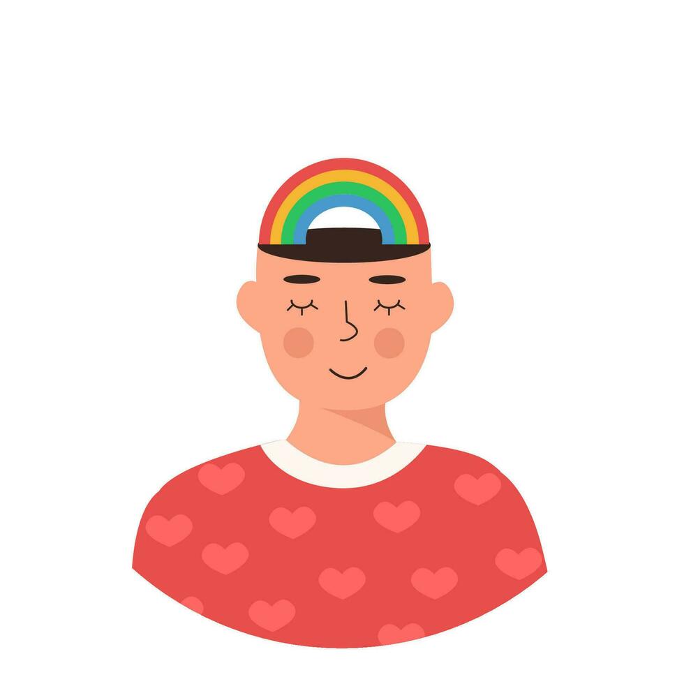 mannetje gelukkig karakter met regenboog Aan hoofd vector vlak illustratie. lgbt Mens of vrouw met dichtbij ogen. positief denken concept, zelf zorg, gezond langzaam leven. homo persoon. hippie cultuur. meditatie.