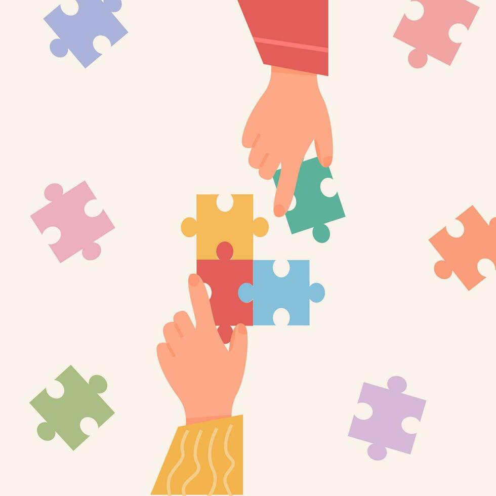 Internationale autisme bewustzijn dag kaart. Kaukasisch en Afrikaanse hand- Holding kleurrijk puzzel stukken. psychologisch concept van autistisch kinderen. sociaal moeilijkheid. mentaal onbekwaamheid wanorde. vector. vector