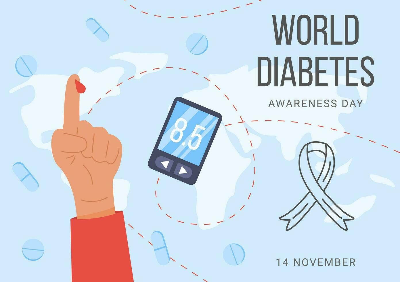 banier voor wereld diabetes bewustzijn dag met wereld kaart Aan achtergrond. arm en vinger met bloed druppel, digitaal glucometer en lintje. poster voor diabetes bloed suiker niveau testen. vector illustratie.