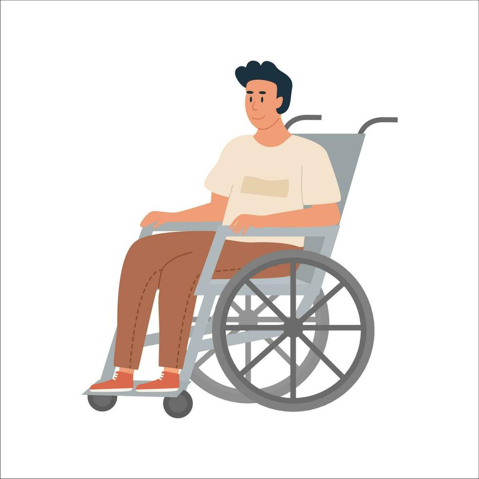 modern jong gehandicapt Mens Aan rolstoel. glimlachen gehandicapten jongen karakter geïsoleerd Aan wit achtergrond. Mens krijgen ziek, revalidatie Bij ziekenhuis. vector illustratie.