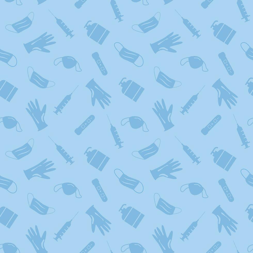 vector covid coronavirus verspilling naadloos patroon. plastic verontreiniging Aan blauw achtergrond. milieu kwestie of ecologie probleem van marinier onzin, latex handschoenen, gezicht maskers in zee illustratie.