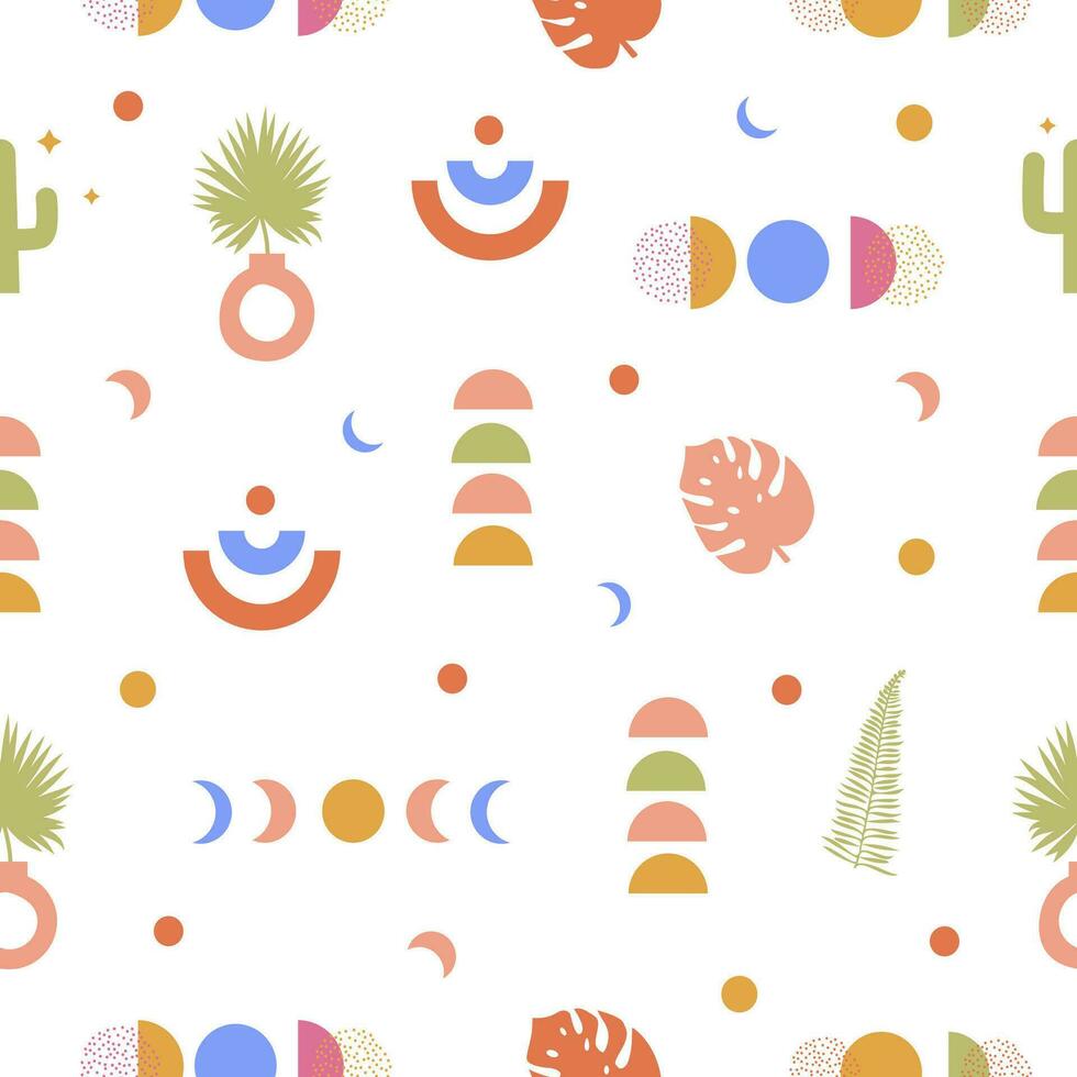 boho modern tropisch zomer naadloos patronen met abstract meetkundig elementen en tropisch bloemen palm blad in helder kleuren. modieus boho vormen in hedendaags vlak stijl. vector achtergronden