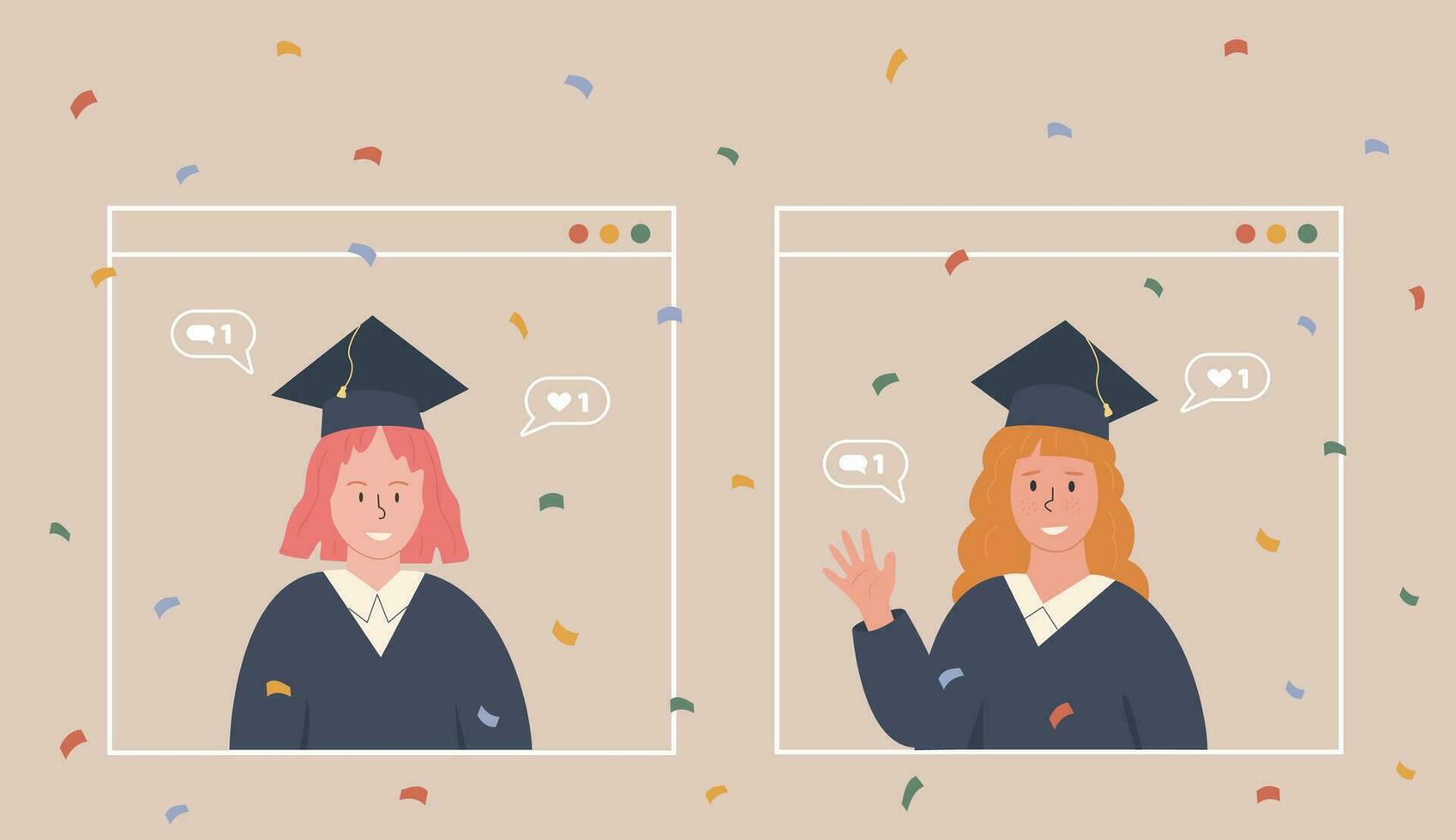 studenten hebben online diploma uitreiking partij en video babbelen naar vieren einde van studies. twee vrouw in academisch gewaad en pet hebben online discussie Aan computer app scherm. vector online onderwijs.