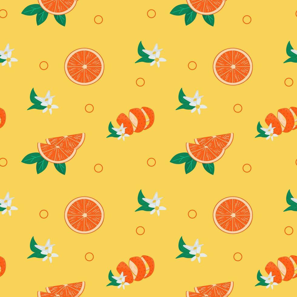 helder kleurrijk naadloos patroon met oranje fruit, huid Pel, bladeren en bloeiend bloemen. sappig tropisch zomer vruchten. citrus boom in vector kleding stof ontwerp met sinaasappelen, citroenen en bloemen.