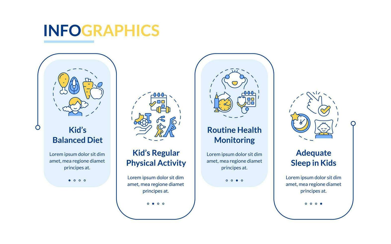 2d ouderschap kinderen met Gezondheid problemen vector infographics sjabloon met kleurrijk pictogrammen, gegevens visualisatie met 4 stappen, werkwijze tijdlijn grafiek.