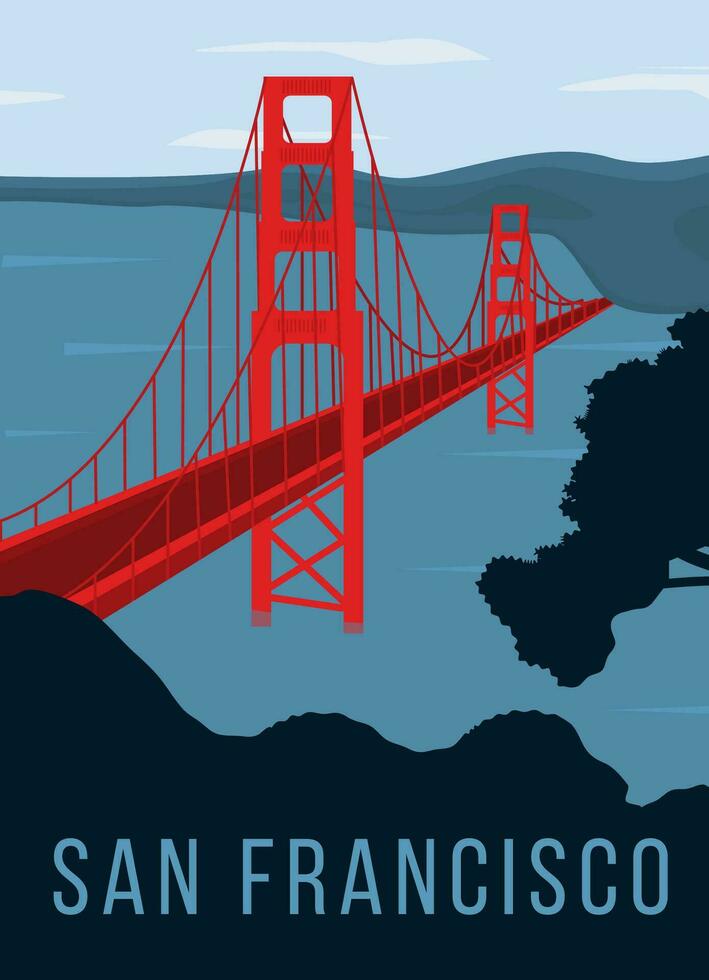 gouden poort brug retro poster. rood kleur brug aan de overkant de blauw oceaan. retro stijl wijnoogst kaart of sticker. populair bezienswaardigheden bekijken in san francisco, Californië. vlak vector illustratie.