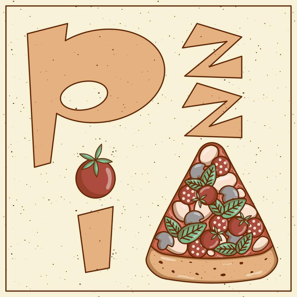 Italiaans snel voedsel stuk pizza belettering. retro kleuren. vlak stijl. vector illustratie.